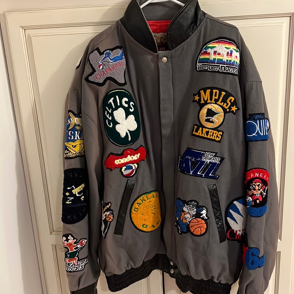 Men's Gray Varsity Jacket with Colorful Patches